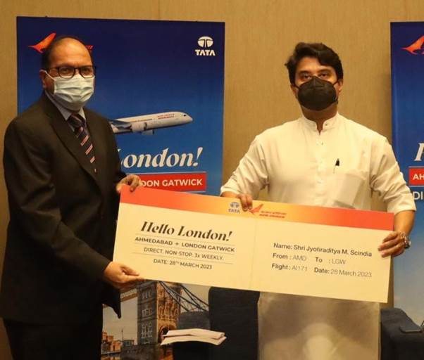 Minister of Civil Aviation Shri Jyotiraditya M. Scindia inaugurates direct flight between Ahmedabad and Gatwick